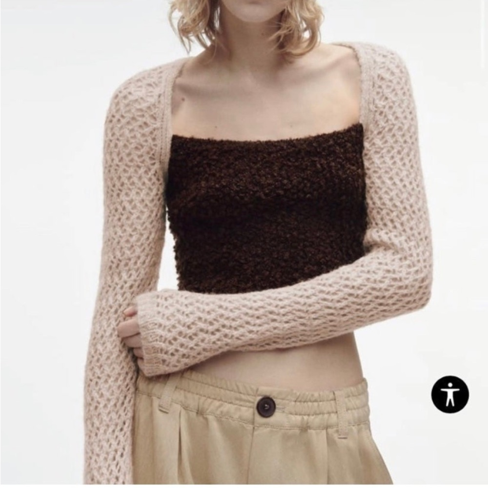 NWOT Zara Women's Cream and Brown Knit cropped Sweater